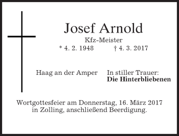 Traueranzeige von Josef Arnold von merkurtz
