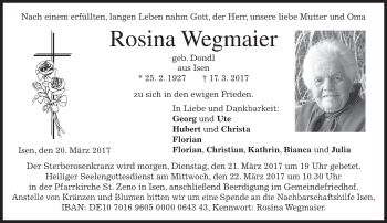 Traueranzeige von Rosina Wegmaier von merkurtz
