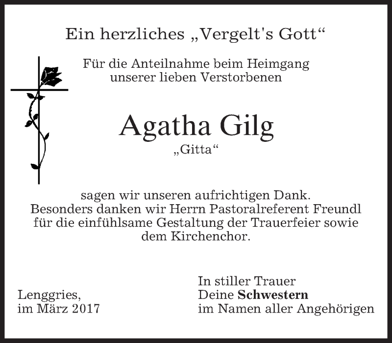  Traueranzeige für Agatha Gilg vom 25.03.2017 aus merkurtz