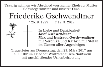 Traueranzeige von Friederike Gschwendtner von merkurtz
