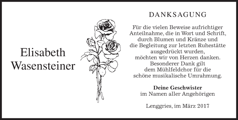  Traueranzeige für Elisabeth Wasensteiner vom 22.03.2017 aus merkurtz