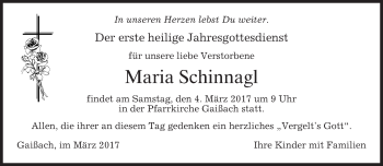Traueranzeige von Maria Schinnagl von merkurtz