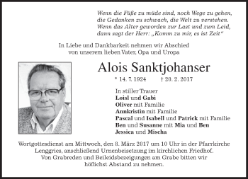 Traueranzeige von Alois Sanktjohanser von merkurtz