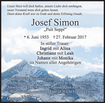 Traueranzeige von Josef Simon von merkurtz