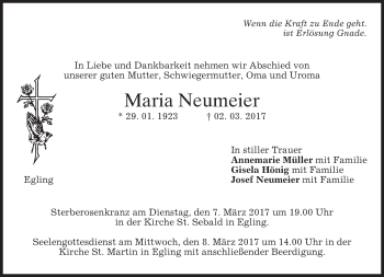 Traueranzeige von Maria Neumeier von merkurtz