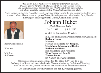 Traueranzeige von Johann Huber von merkurtz