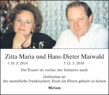 Traueranzeige von Zitta Maria und Hans-Dieter Maiwald