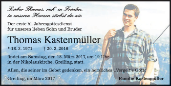Traueranzeige von Thomas Kastenmüller von merkurtz