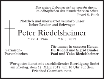 Traueranzeige von Peter Riedelsheimer von merkurtz