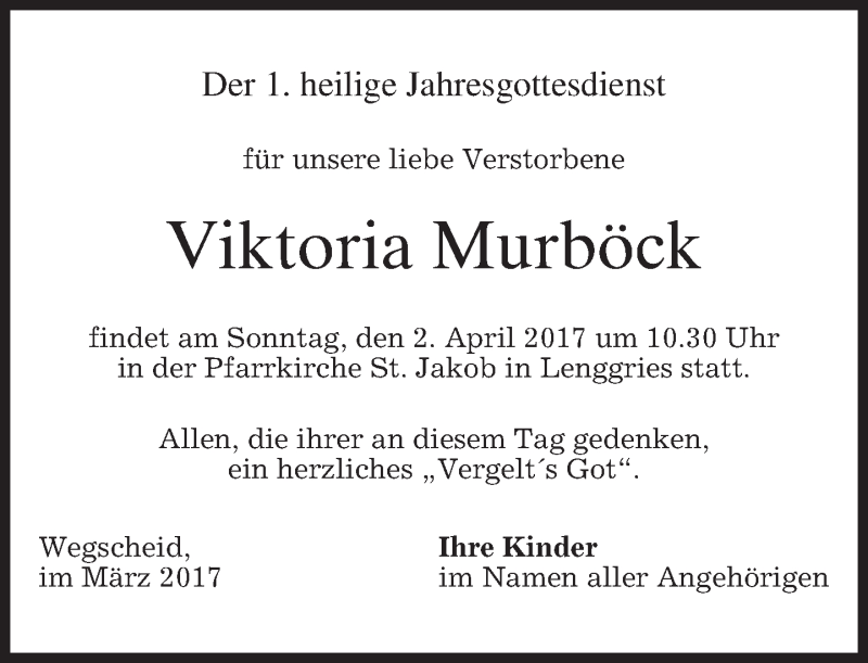  Traueranzeige für Viktoria Murböck vom 31.03.2017 aus merkurtz