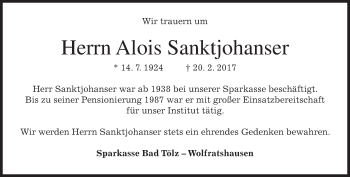 Traueranzeige von Alois Sanktjohanser von merkurtz