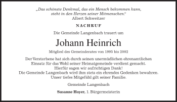 Traueranzeige von Johann Heinrich von merkurtz