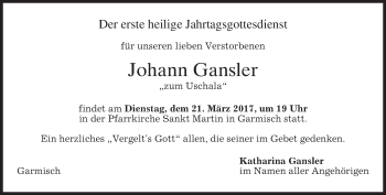 Traueranzeige von Johann Gansler von merkurtz