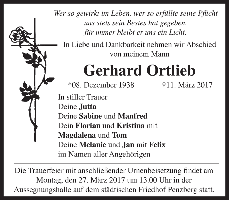  Traueranzeige für Gerhard Ortlieb vom 22.03.2017 aus Das Gelbe Blatt Penzberg