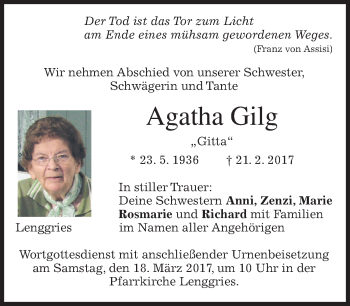 Traueranzeige von Agatha Gilg von merkurtz