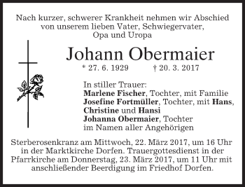 Traueranzeige von Johann Obermaier von merkurtz