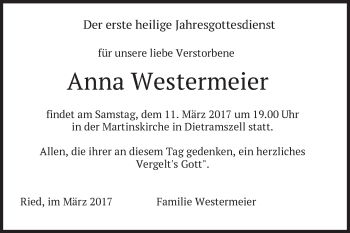 Traueranzeige von Anna Westermeier von merkurtz