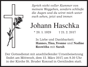 Traueranzeige von Johann Haschka von merkurtz
