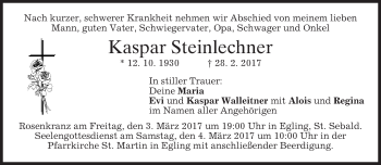 Traueranzeige von Kaspar Steinlechner von merkurtz