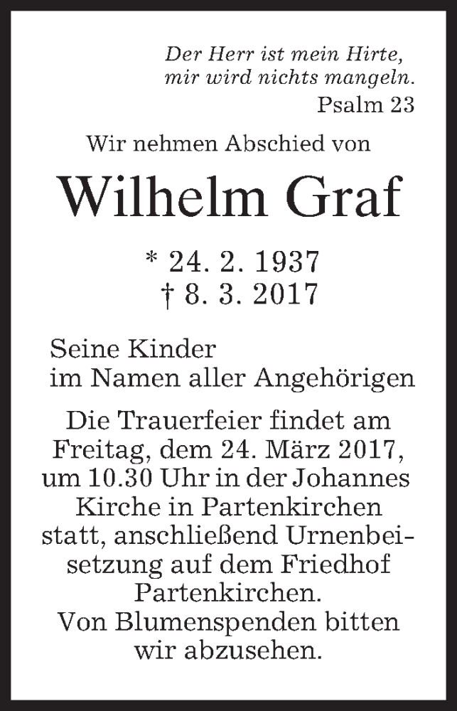  Traueranzeige für Wilhelm Graf vom 18.03.2017 aus merkurtz
