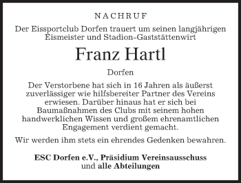 Traueranzeige von Franz Hartl von merkurtz