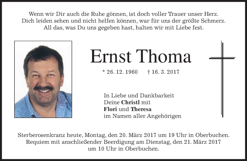  Traueranzeige für Ernst Thoma vom 20.03.2017 aus merkurtz