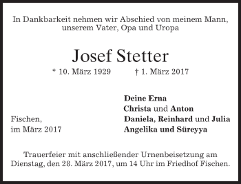 Traueranzeige von Josef Stetter von merkurtz