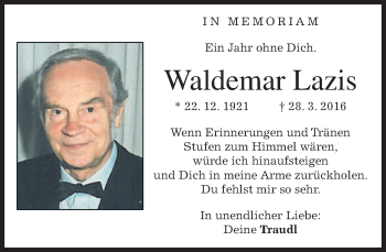 Traueranzeige von Waldemar Lazis von merkurtz