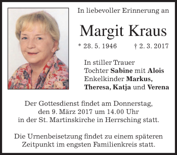 Traueranzeige von Margit Kraus von merkurtz
