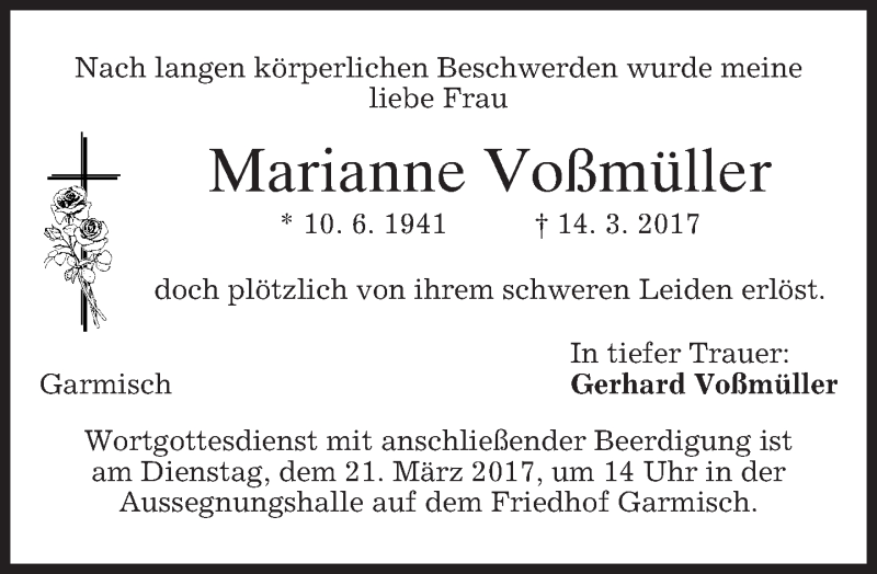  Traueranzeige für Marianne Voßmüller vom 18.03.2017 aus merkurtz