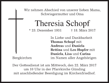 Traueranzeige von Theresia Schopf
