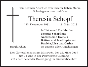 Traueranzeige von Theresia Schopf von merkurtz