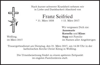 Traueranzeige von Franz Seifried von merkurtz