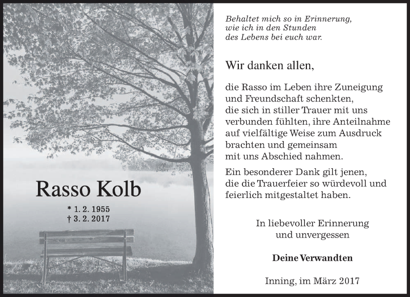  Traueranzeige für Rasso Kolb vom 25.03.2017 aus merkurtz