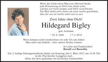 Traueranzeige von Hildegard Bigley von merkurtz