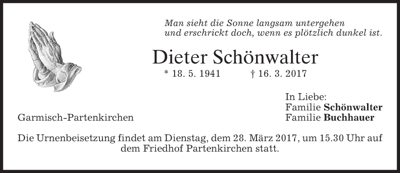 Traueranzeige für Dieter Schönwalter vom 25.03.2017 aus merkurtz