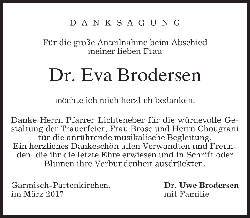  Traueranzeige für Eva Brodersen vom 04.03.2017 aus merkurtz