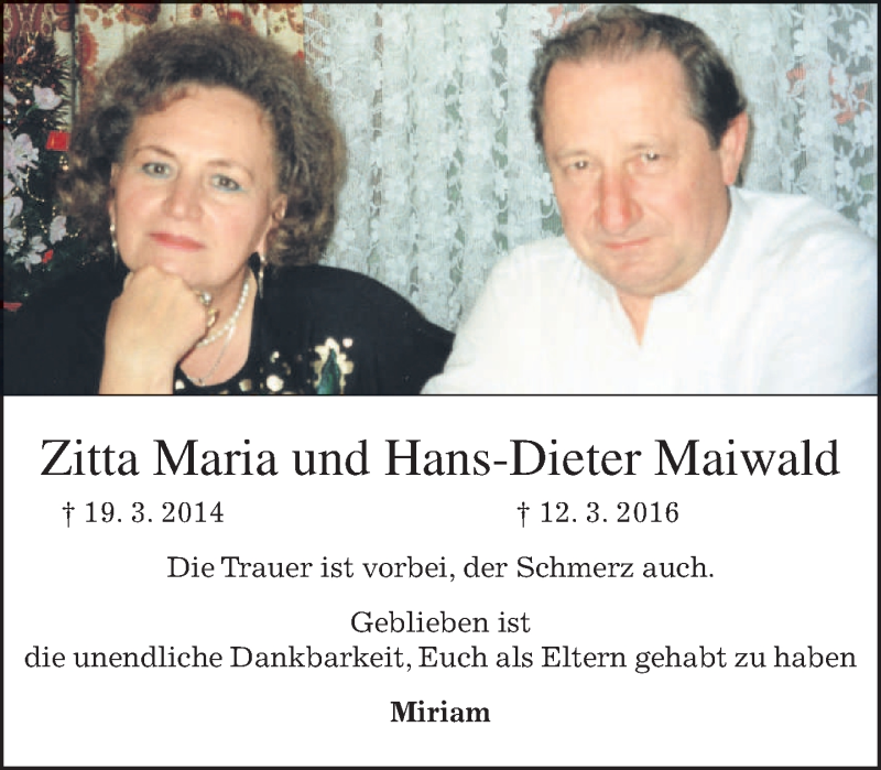  Traueranzeige für Zitta Maria und Hans-Dieter Maiwald vom 18.03.2017 aus merkurtz