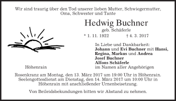 Traueranzeige von Hedwig Buchner von merkurtz