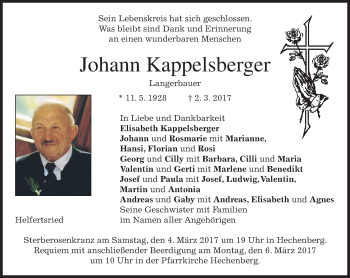 Traueranzeige von Johann Kappelsberger von merkurtz