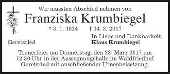 Traueranzeige von Franziska Krumbiegel von merkurtz