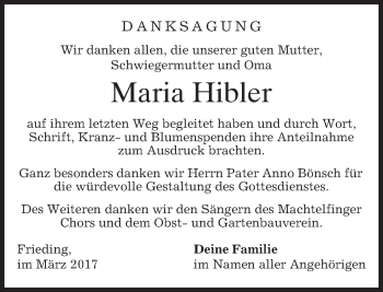 Traueranzeige von Maria Hibler von merkurtz