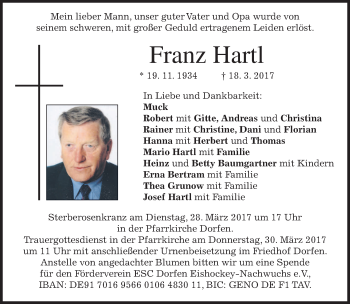 Traueranzeige von Franz Hartl von merkurtz