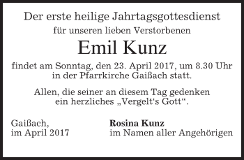 Traueranzeige von Emil Kunz von merkurtz