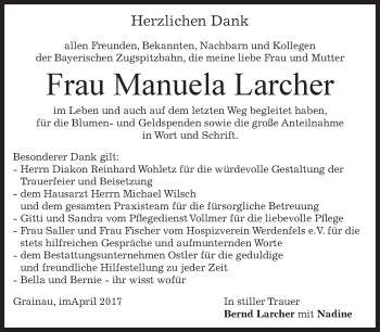 Traueranzeige von Manuela Larcher von merkurtz
