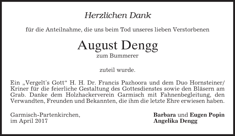  Traueranzeige für August Dengg vom 08.04.2017 aus merkurtz
