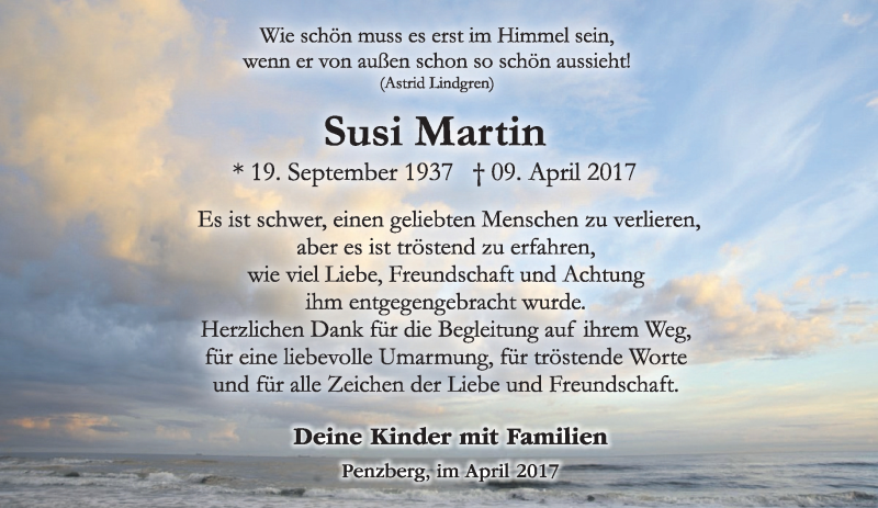  Traueranzeige für Susi Martin vom 29.04.2017 aus merkurtz
