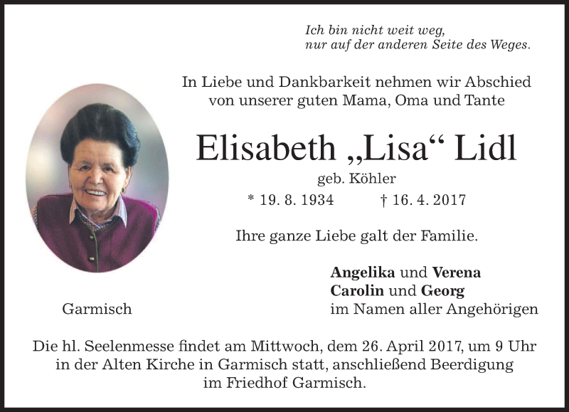  Traueranzeige für Elisabeth  Lidl vom 22.04.2017 aus merkurtz