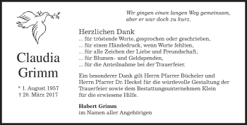 Traueranzeige von Claudia Grimm von merkurtz