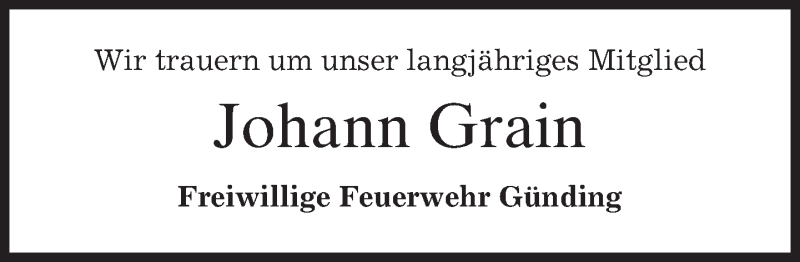  Traueranzeige für Johann Grain vom 06.04.2017 aus merkurtz